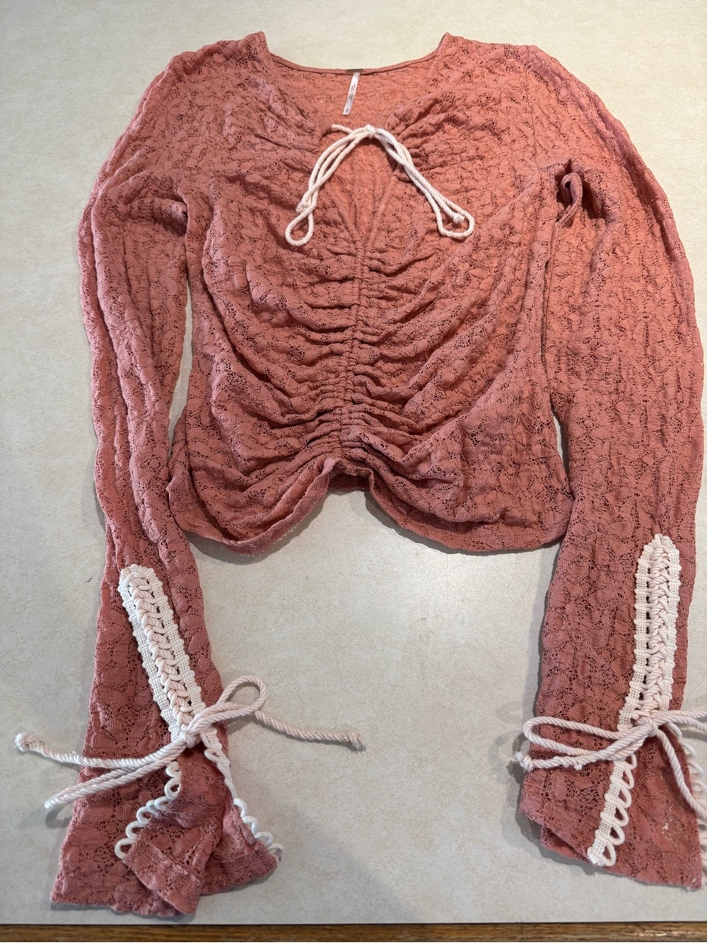 Free People Dusty Rose Ruched Lace Tie-Front V-Neck Sweater